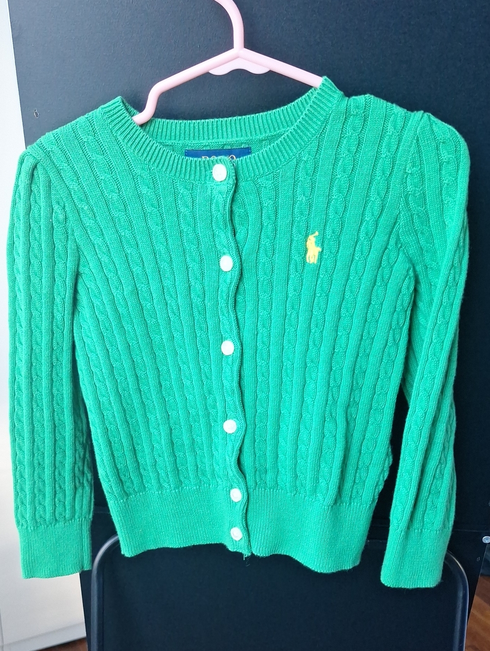 Ralph Lauren Girls Green Cable-Knit Button Cardigan with Yellow Pony